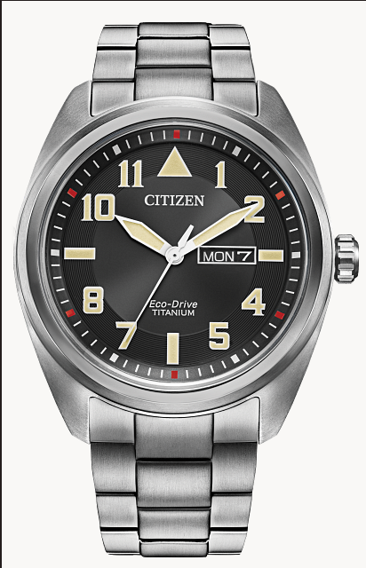 Men's Citizen Eco-Drive Titanium Watch – Black Dial with Day-Date