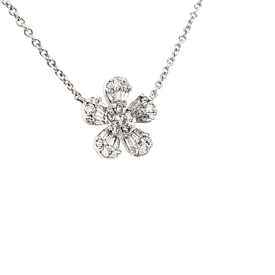 14K White Gold Baguette & Round Diamond Flower Necklace