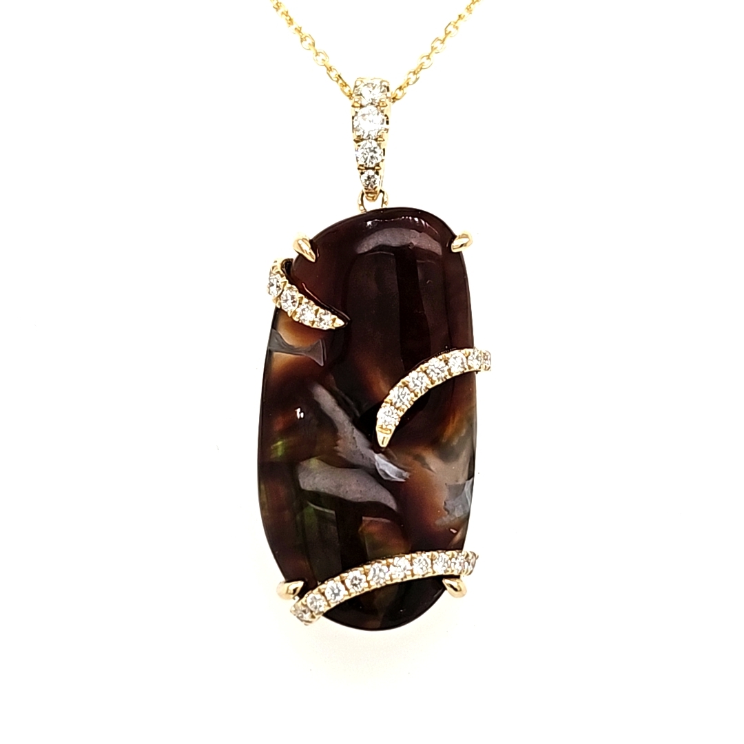 14K Yellow Gold Fire Agate and Diamond Wrap Pendant Length 18 Inches