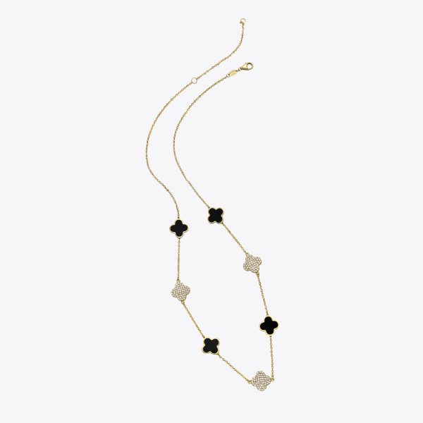 14K Yellow Gold Onyx and Diamond Clover Station Necklace Len