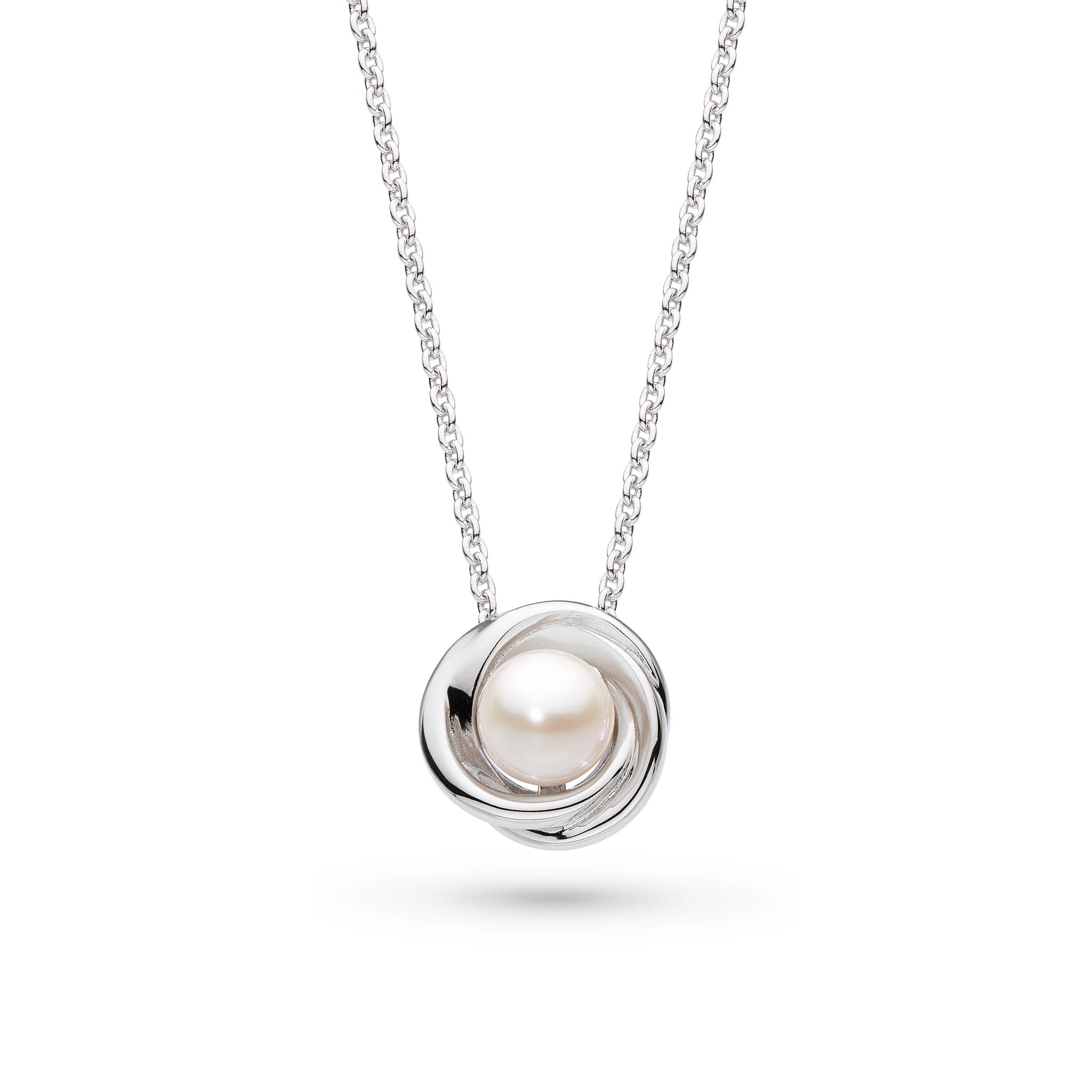 Sterling Silver Rhodium Plated Bevel Trilogy Pearl Necklace