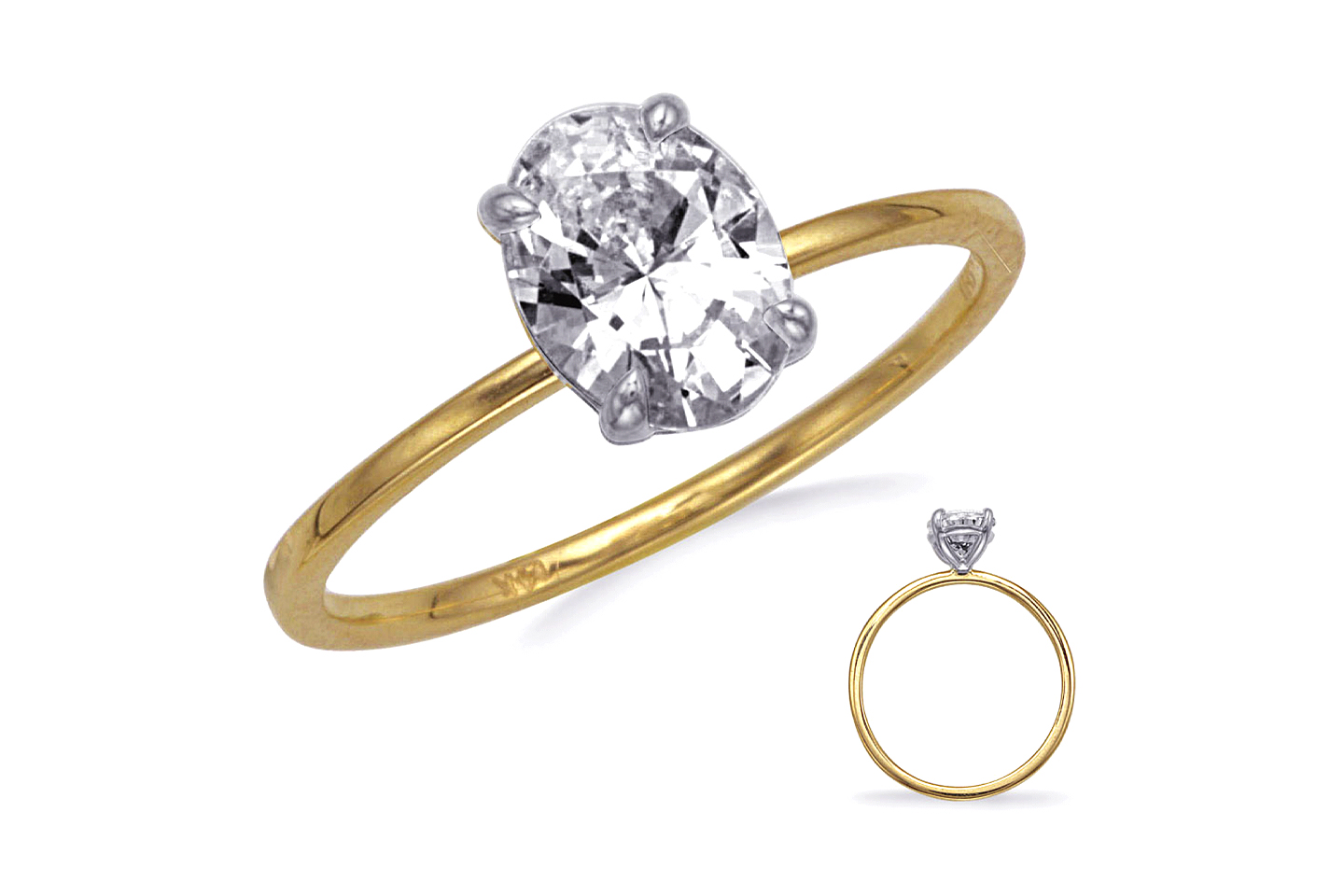 14K White Yellow Gold Solitaire for a 10x7 Oval 2mm Band