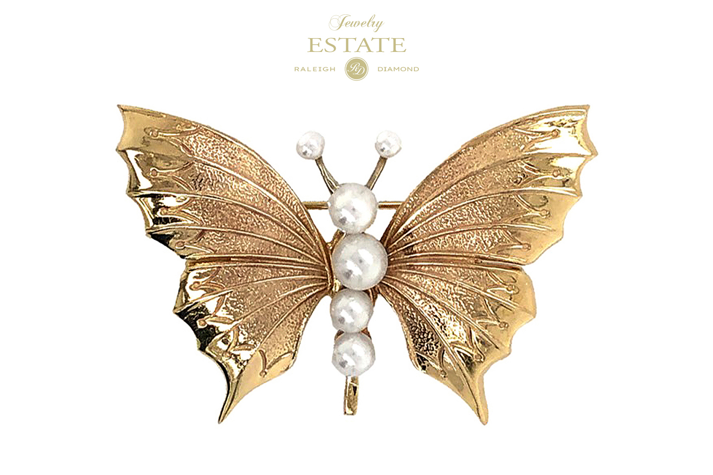 Estate 14K Yellow Gold White Pearls Butterfly Pin Brooch Pin  display picture 1