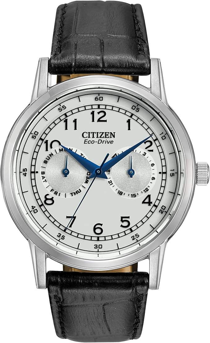 Citizen Eco-Drive Silver Dial Black Leather Men display picture 1