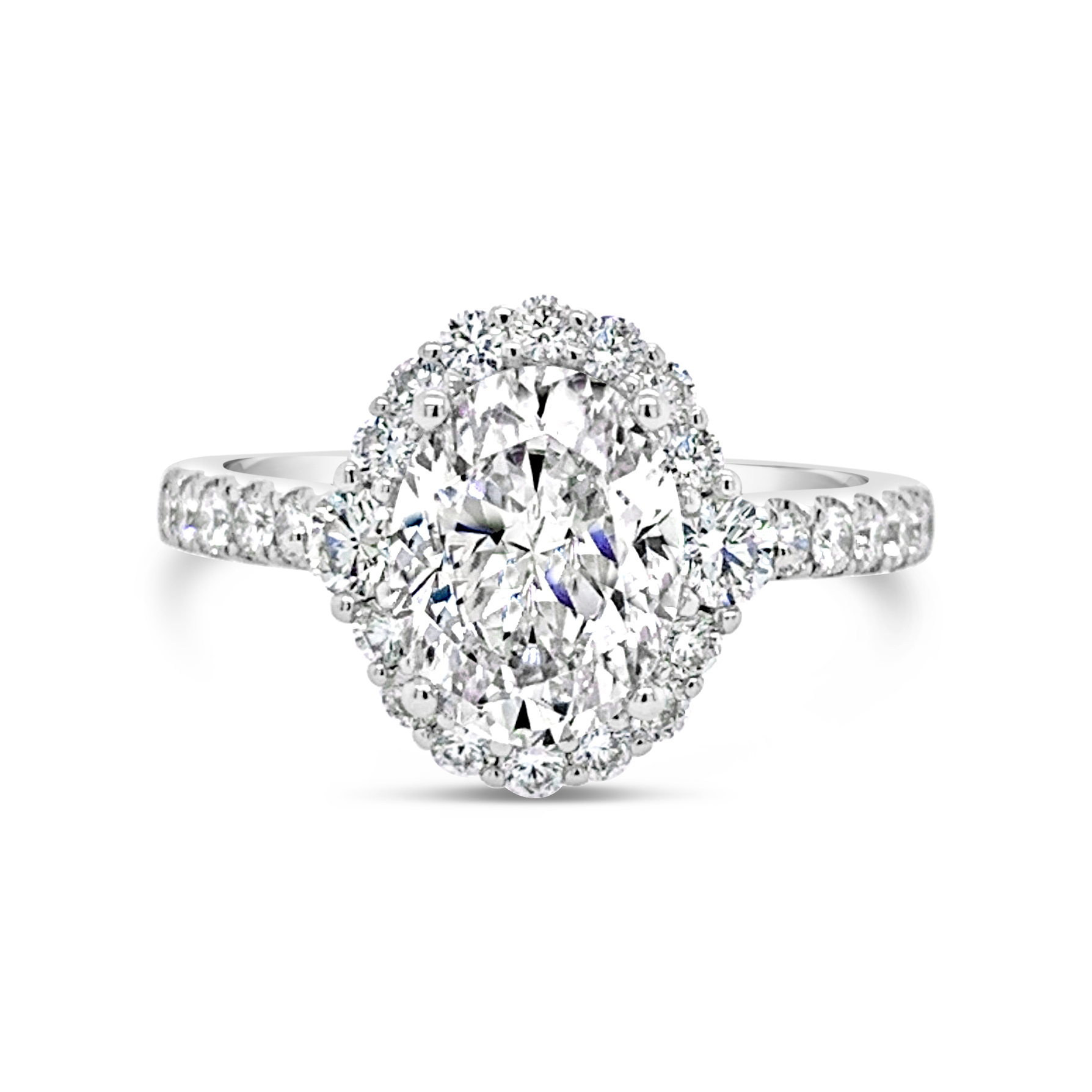 18k White Gold Oval Three Stone Halo Engagement Ring Sausalito