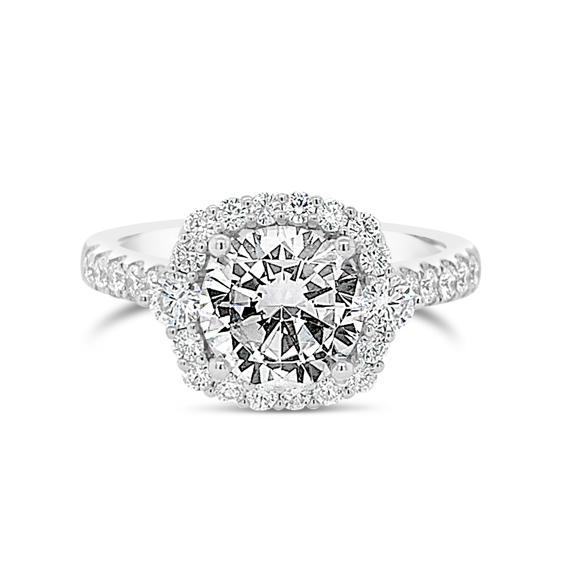 18k White Gold Three Stone Halo Engagement Ring Sausalito Jewelers