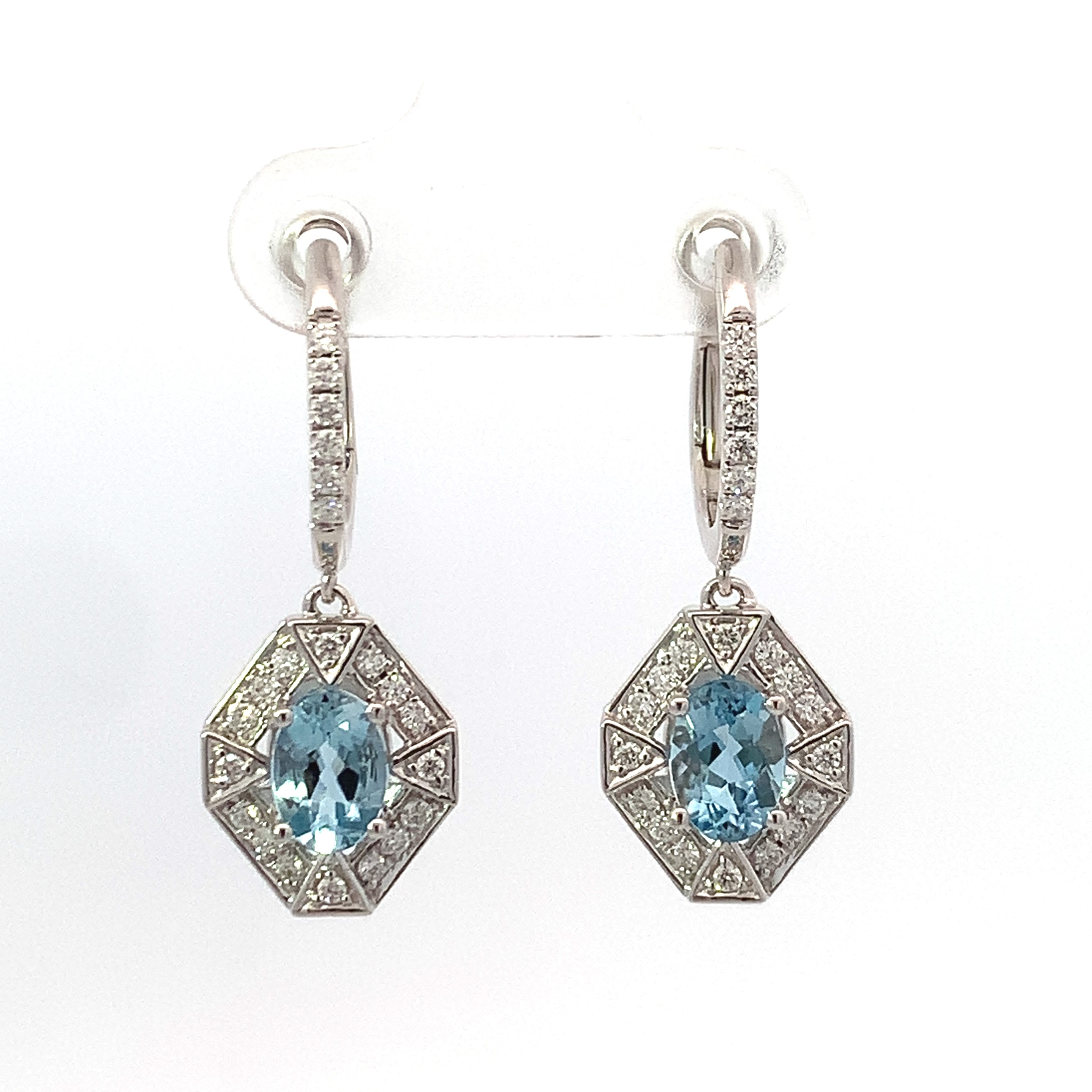 14 Karat White Gold Oval Aquamarine Diamond Vintage Drop Ear