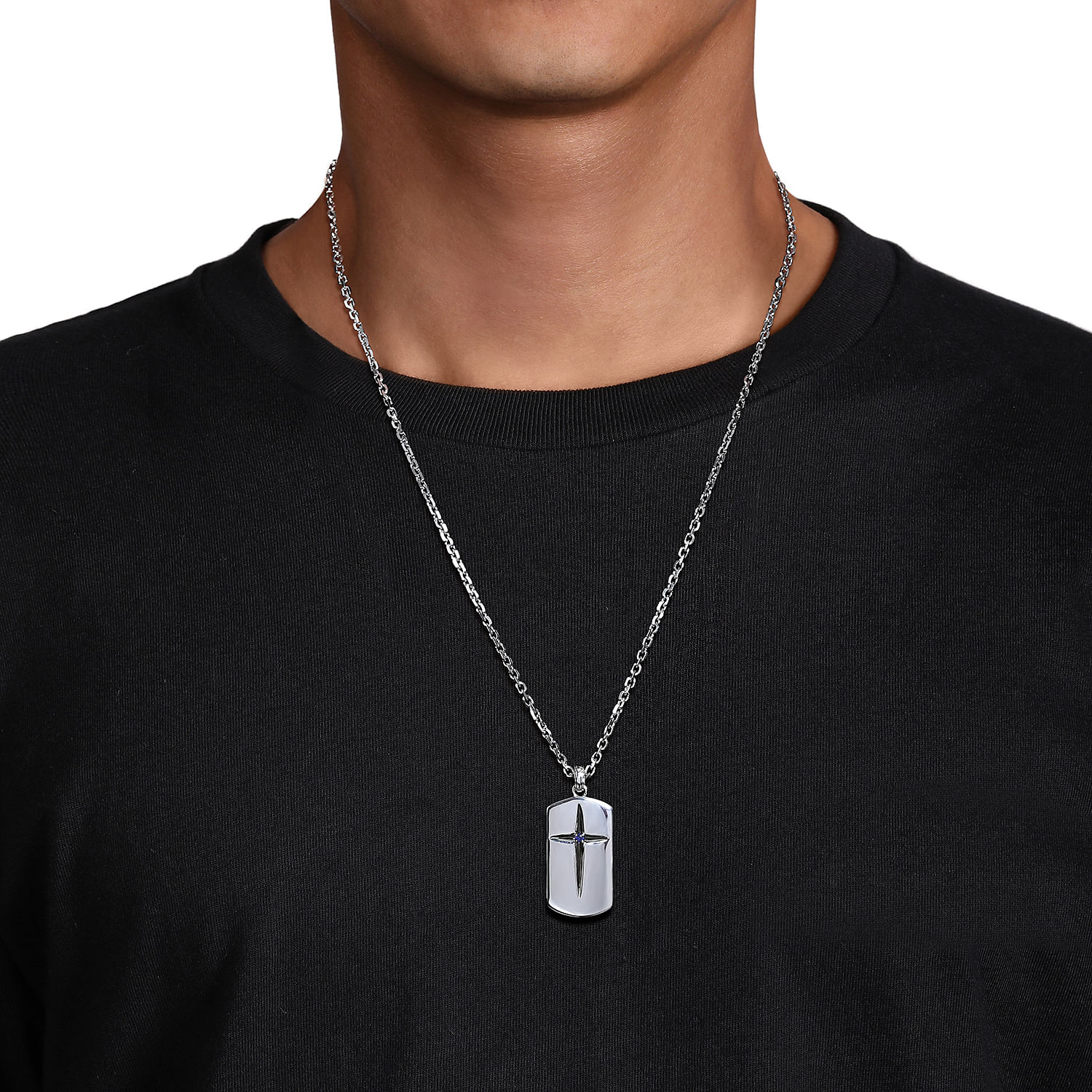 Gabriel and Co Sterling Silver Black Sapphire Pave Dog Tag Cross