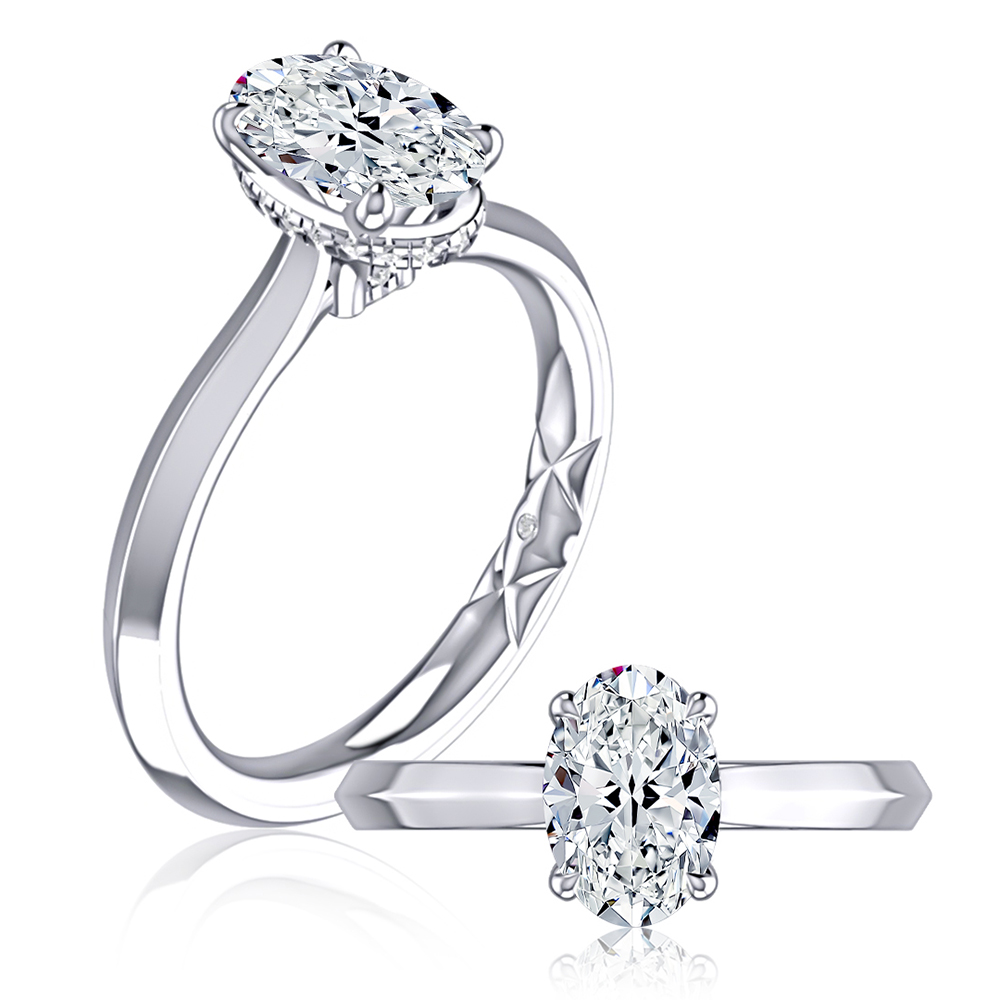 Jaffe 14KT White Gold Solitaire Diamond Semi-Mount Engagement Ring with  20 Round Diamonds in a Hidden Halo on a Four Prong Head