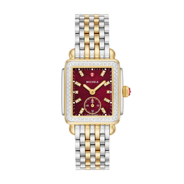 Michele Deco Mid Two-Tone 18K Gold-Plated Diamond Watch with A Ruby Red  Mother-of-Pearl Dial with Double Diamond Hour