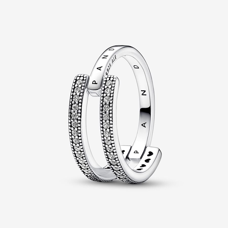 Sterling Silver Pandora Signature Logo & Pavé Double Band R