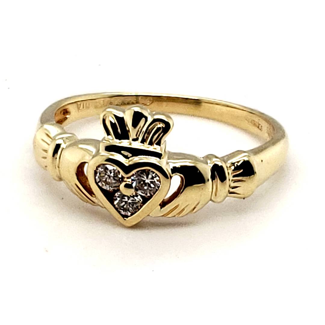 14 Karat Yellow Gold Diamond Claddagh Ring 001-510-00045 Trinity