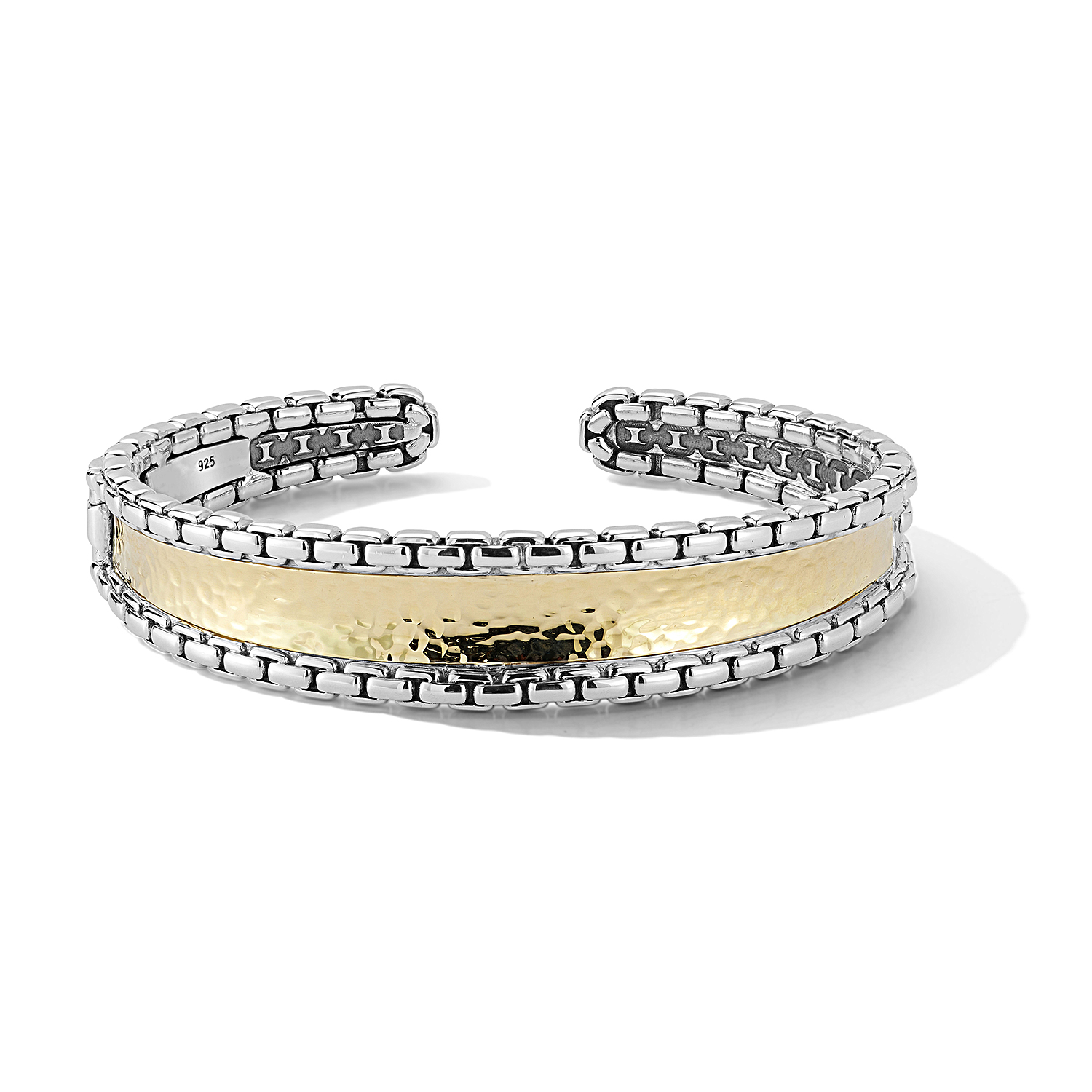 JAI Sterling Silver & 14K Gold Hammered Cuff Bangle | Box Chain