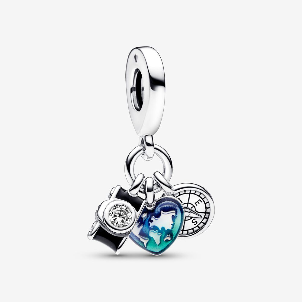 Pandora 792703C01 Camera Heart Compass Triple Dangle Charm Explore
