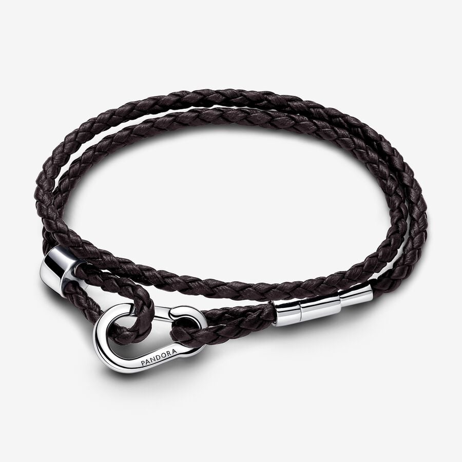 593338C01-D2 Pandora Brown Braided Double Leather Bracelet